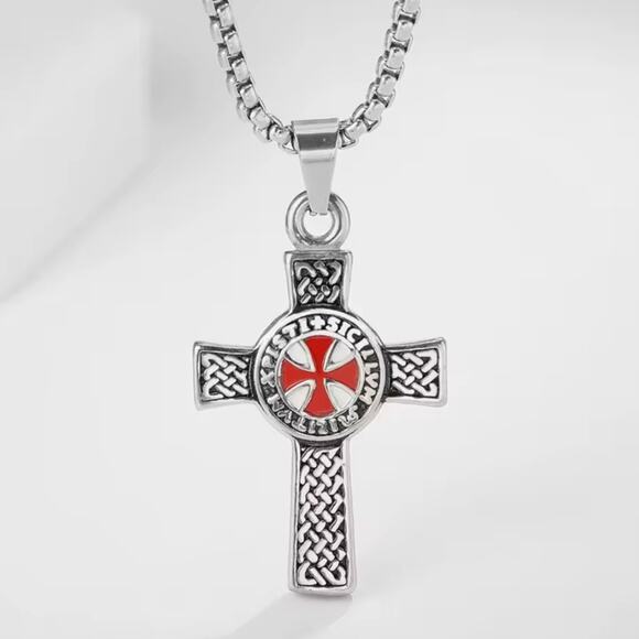 Silver Red Crusader Crusades Cross Necklace Men's Christmas Birthday Vtg Gift - Picture 2 of 6